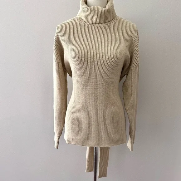 Free People Beach Reed Tan Tie Back Turtleneck Sweater Medium - Picture 3 of 6